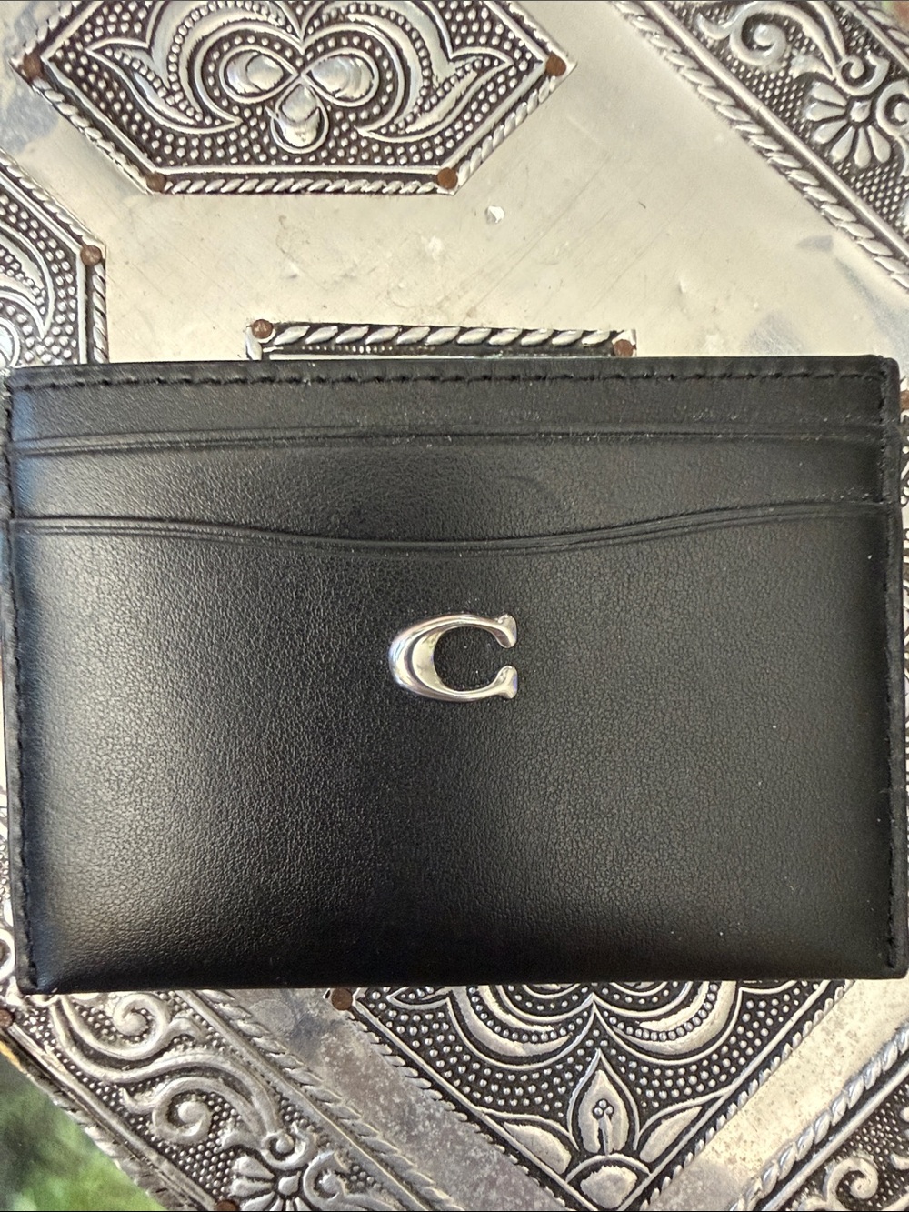 Coach Black Leather Card Holder with Silver 'C' Emblem